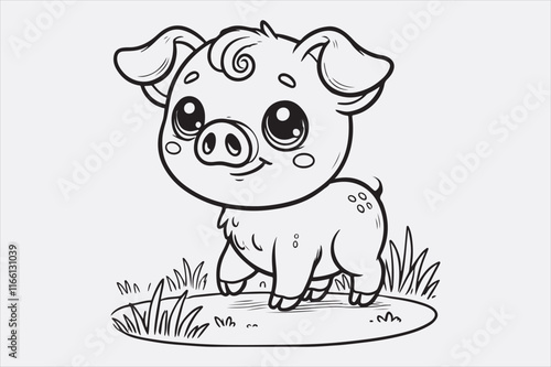 A line art illustration of a happy pig standing on grass.