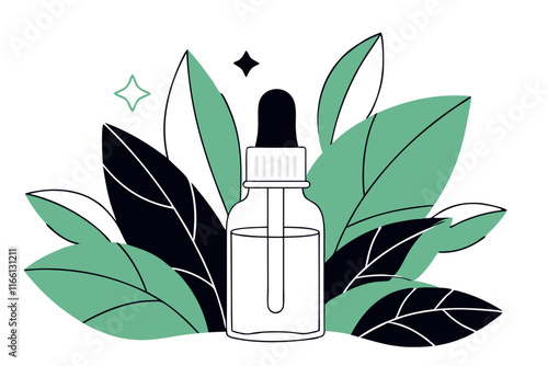 Natural organic face serum amidst green leaves. Make up skincare product. Eco friendly lifestyle. Vector illustration