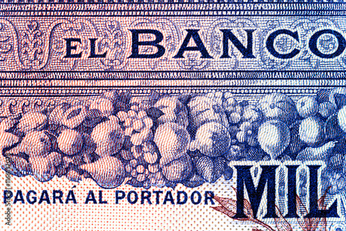 Vintage elements of old paper banknotes.Bonistics.Spain 1000 Pesetas 1925..Fragment banknote for design purpose. photo