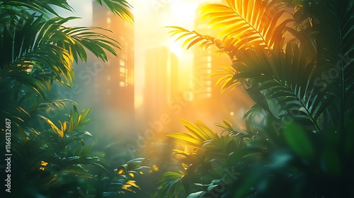 Wallpaper Mural Lush tropical foliage frames a hazy sunrise cityscape. Torontodigital.ca