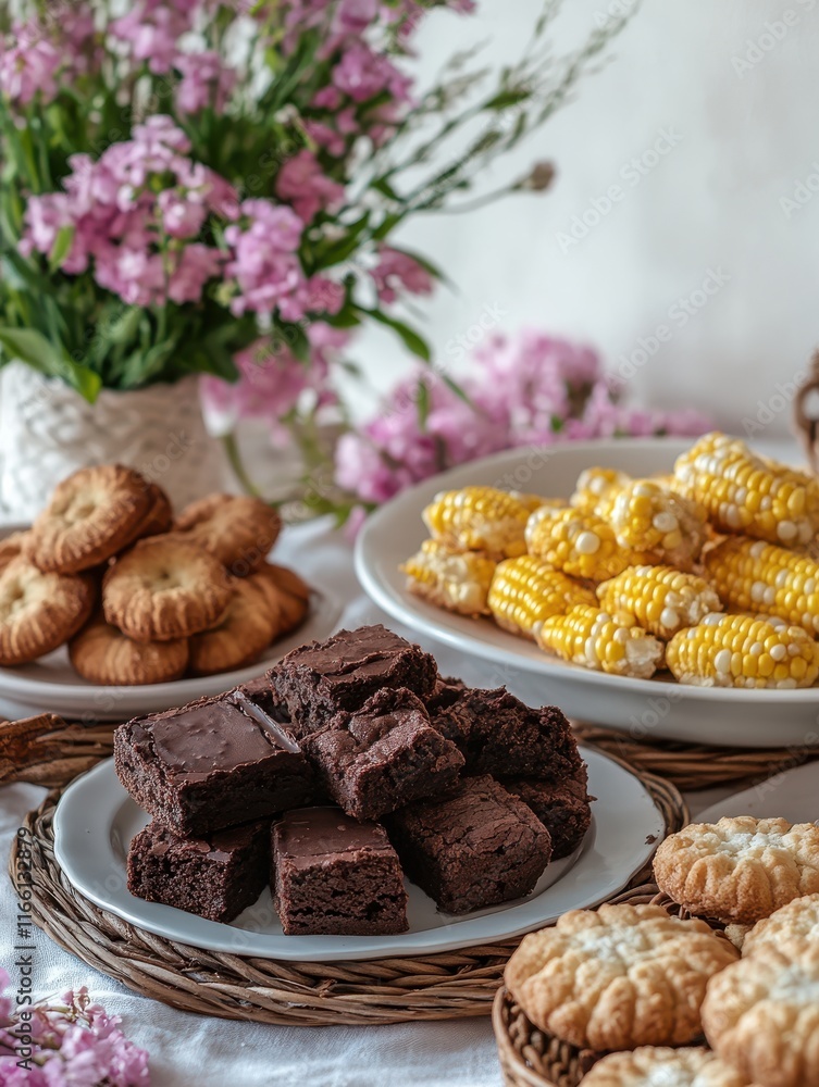 Fototapeta premium A Beautiful Display of Delicious Brownies, Sweet Cookies, and Fresh Corn Surrounded by Colorful Flowers for a Perfect Dessert Spread