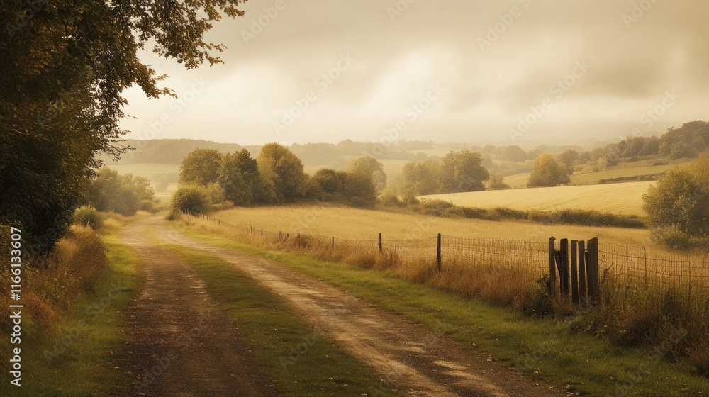 Fototapeta premium Serene Countryside Path: A Golden Hour Landscape