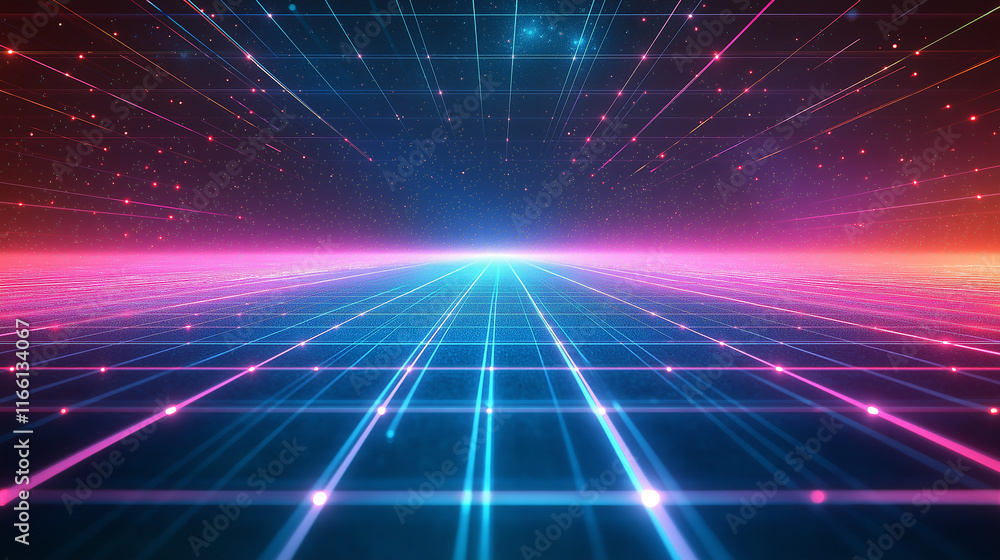 A futuristic grid with glowing lines and geometric patterns in neon blue, purple, and pink tones. The background is abstract with a technological vibe