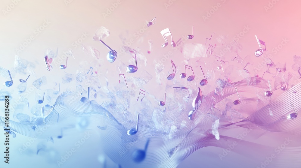 Fototapeta premium Colorful 3D music notes floating through a dreamlike abstract space with soft gradients and gentle light. Generative AI