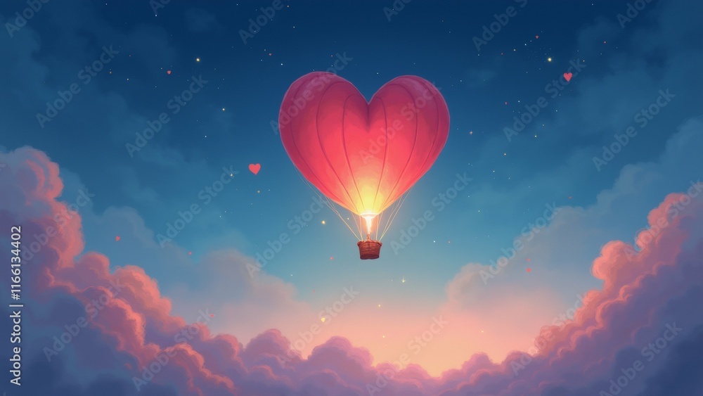 Obraz premium The image is a digital illustration of a heart-shaped hot air balloon floating in the sky. The balloon is pink and orange in color and is in the center of the image.