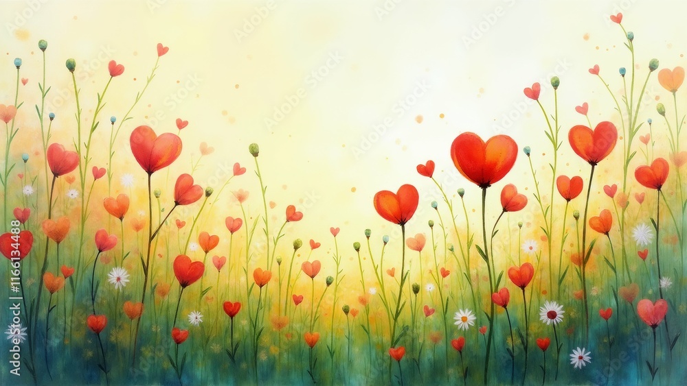 Fototapeta premium The image is a painting of a field of red poppies and daisies. The background is a light yellow color, and the flowers are in various shades of pink, red, and white.