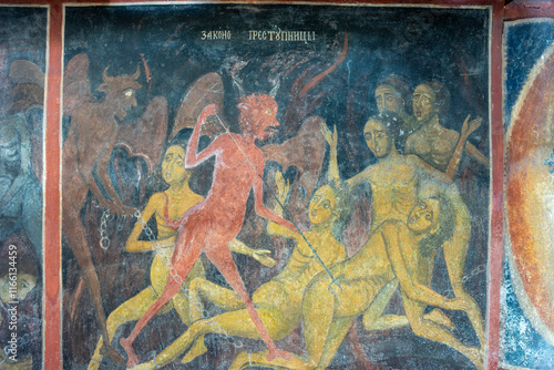 Bild auf Leinwand cloister with fresco decoration, purgatory scene, Rila Monastery, founded in the