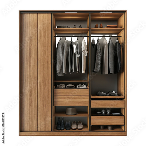 a modern wooden wardrobe with a variety of clothing neatly organized on hangers. along with drawers containing shoes and accessories. showcasing a tidy and functional storage solution for personal att photo