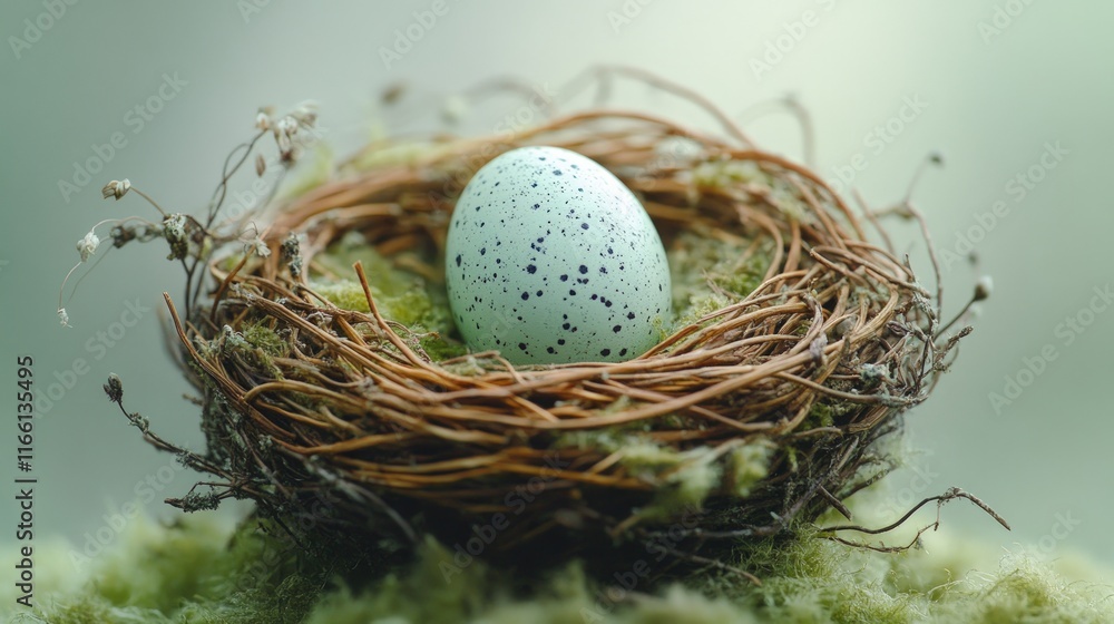 Spotted egg nestled in mossy bird's nest. Spotted egg nestled in mossy bird's nest.