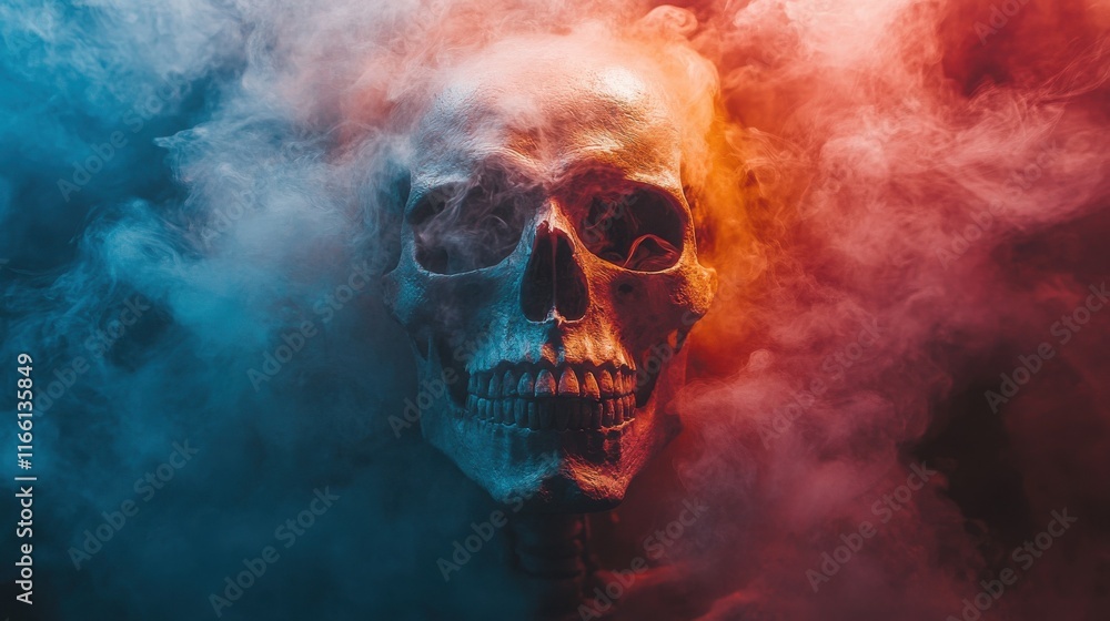A human skull shrouded in ethereal blue and red smoke, creating a dramatic and mysterious atmosphere. The skull's details are highlighted by the contrasting colors of the smoke. A human skull shrouded in ethereal blue and red smoke, creating a dramatic and mysterious atmosphere. The skull's details are highlighted by the contrasting colors of the smoke.