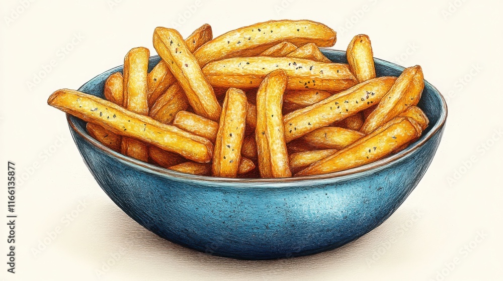 A bowl of golden-brown french fries, seasoned with herbs, sits on a white background. The detailed drawing emphasizes the texture and appetizing appearance of the fries. A bowl of golden-brown french fries, seasoned with herbs, sits on a white background. The detailed drawing emphasizes the texture and appetizing appearance of the fries.