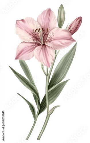 Delicate Pink Lily Blooming With Green Leaves Showcasing Natural Beauty in Botanical Illustration