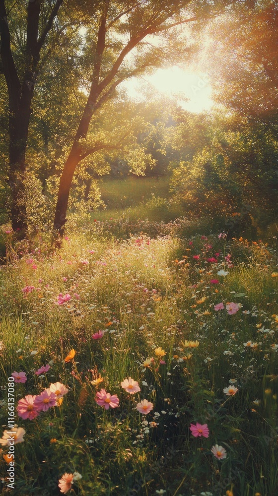 Naklejka premium Bright Sunset Illuminating a Vibrant Wildflower Meadow Surrounded by Lush Trees in a Serene Natural Setting