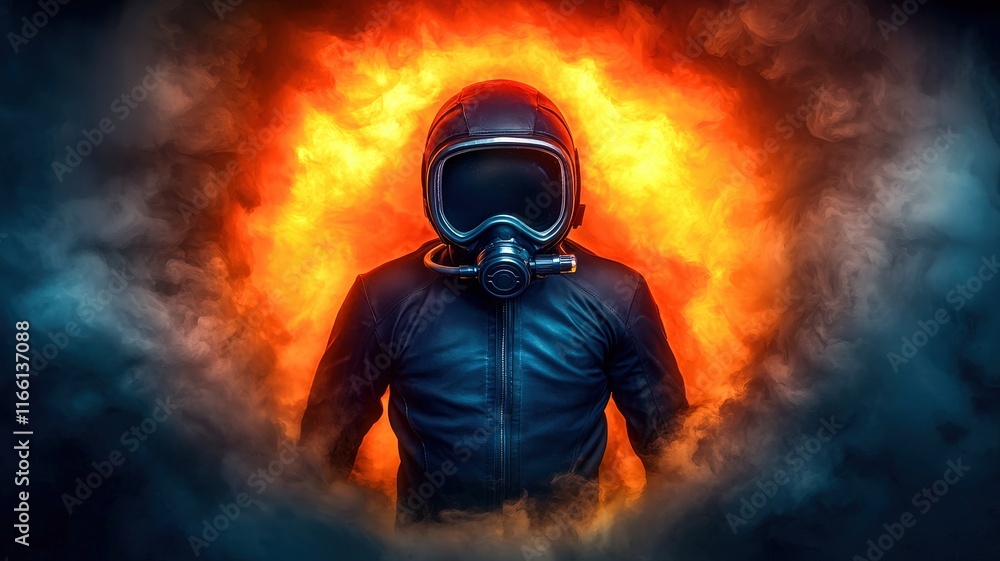 A figure in a helmet stands against a dramatic fiery backdrop, evoking themes of adventure and exploration in an intense, visually striking composition. A figure in a helmet stands against a dramatic fiery backdrop, evoking themes of adventure and exploration in an intense, visually striking composition.