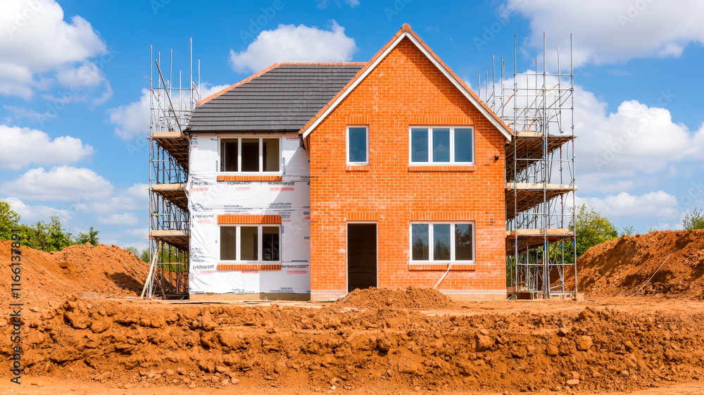 A new house under construction with scaffolding, surrounded by freshly dug earth, showcasing a vibrant blue sky and fluffy clouds. A new house under construction with scaffolding, surrounded by freshly dug earth, showcasing a vibrant blue sky and fluffy clouds.