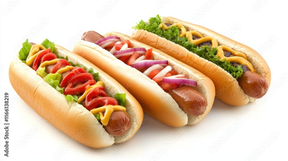 Colorful Hot Dogs on Display with Warm Lighting Colorful Hot Dogs on Display with Warm Lighting