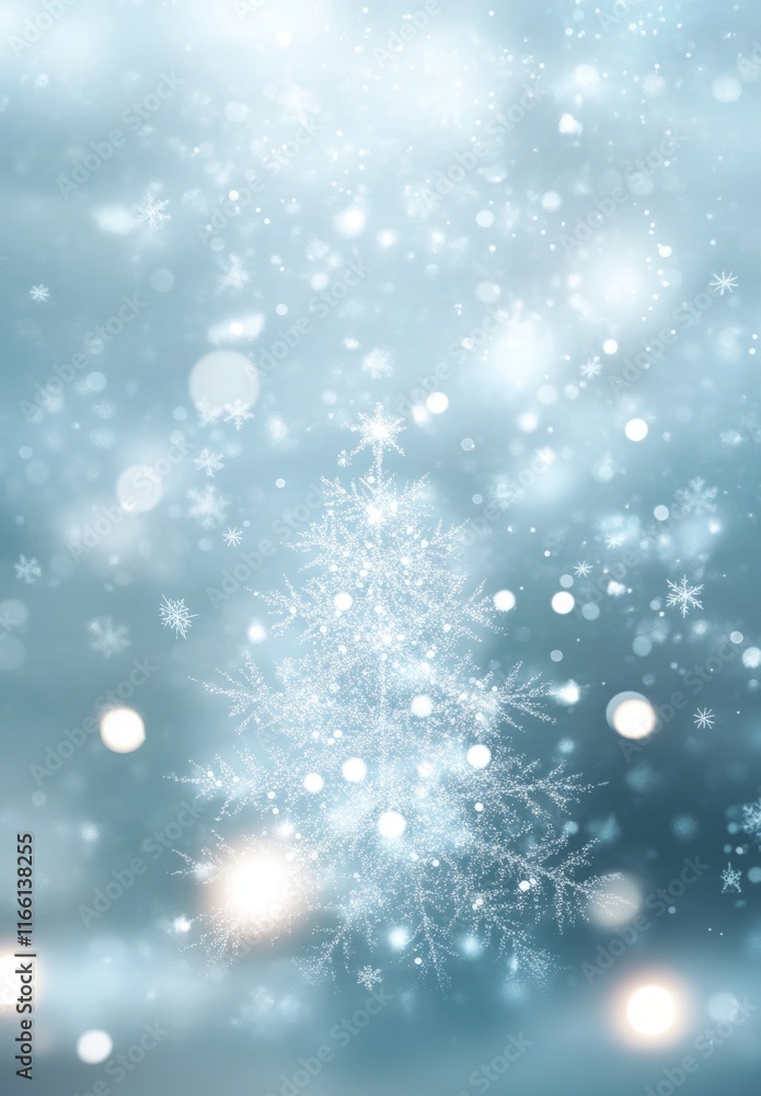 Fototapeta premium Magical Winter Scene Featuring a Sparkling Christmas Tree Amidst Gently Falling Snowflakes and Soft, Glowing Lights at Night