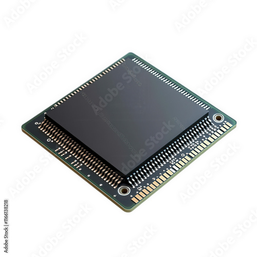 a microprocessor or integrated circuit chip. characterized by its square shape and numerous pins along the edges. designed for electronic devices to process data and perform computations photo