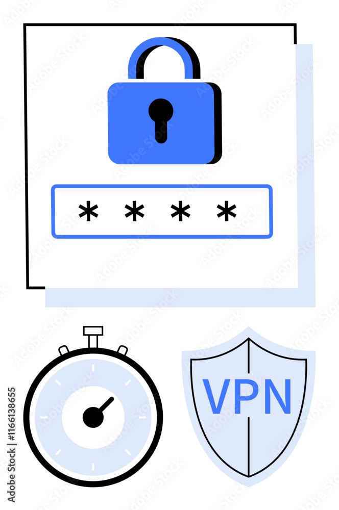 Lock symbolizes protection, asterisks for password security, clock for time-bound access, and shield with VPN lettering. Ideal for cybersecurity, privacy protection, data encryption, secure browsing Lock symbolizes protection, asterisks for password security, clock for time-bound access, and shield with VPN lettering. Ideal for cybersecurity, privacy protection, data encryption, secure browsing