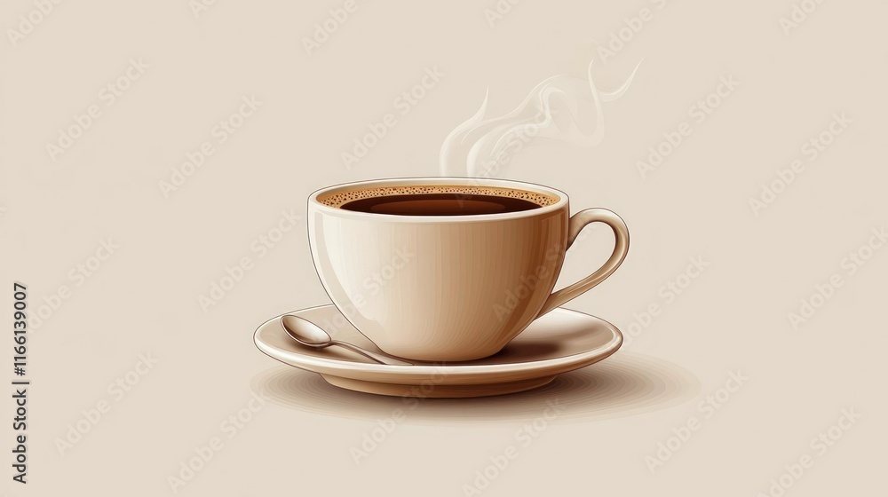 Steaming coffee cup, saucer, spoon. Steaming coffee cup, saucer, spoon.