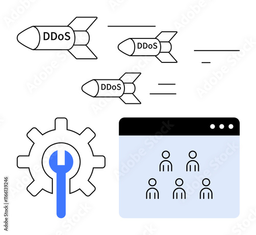 DDoS missiles targeting user interface, gear with tools symbolizing security measures. Ideal for cyber threats, online security, network disruptions, system protection, IT risks, countermeasures