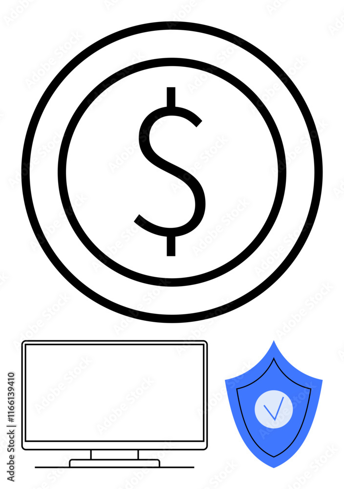 Currency symbol within a circle, a computer screen, and a blue shield with a check mark. Ideal for finance apps, cybersecurity, online banking, digital wallets, secure transactions, fintech Currency symbol within a circle, a computer screen, and a blue shield with a check mark. Ideal for finance apps, cybersecurity, online banking, digital wallets, secure transactions, fintech