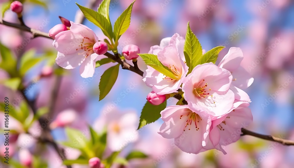 Obraz premium Beautiful sakura leaves in delicate pink and green hues, capturing the essence of cherry blossoms during springtime. This image showcases the intricate details and vibrant colors of the sakura foliage