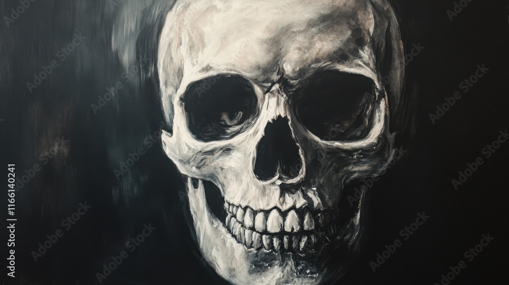 A dramatic close-up of a skull painting. The monochromatic palette and textured brushstrokes create a haunting atmosphere. A dramatic close-up of a skull painting. The monochromatic palette and textured brushstrokes create a haunting atmosphere.