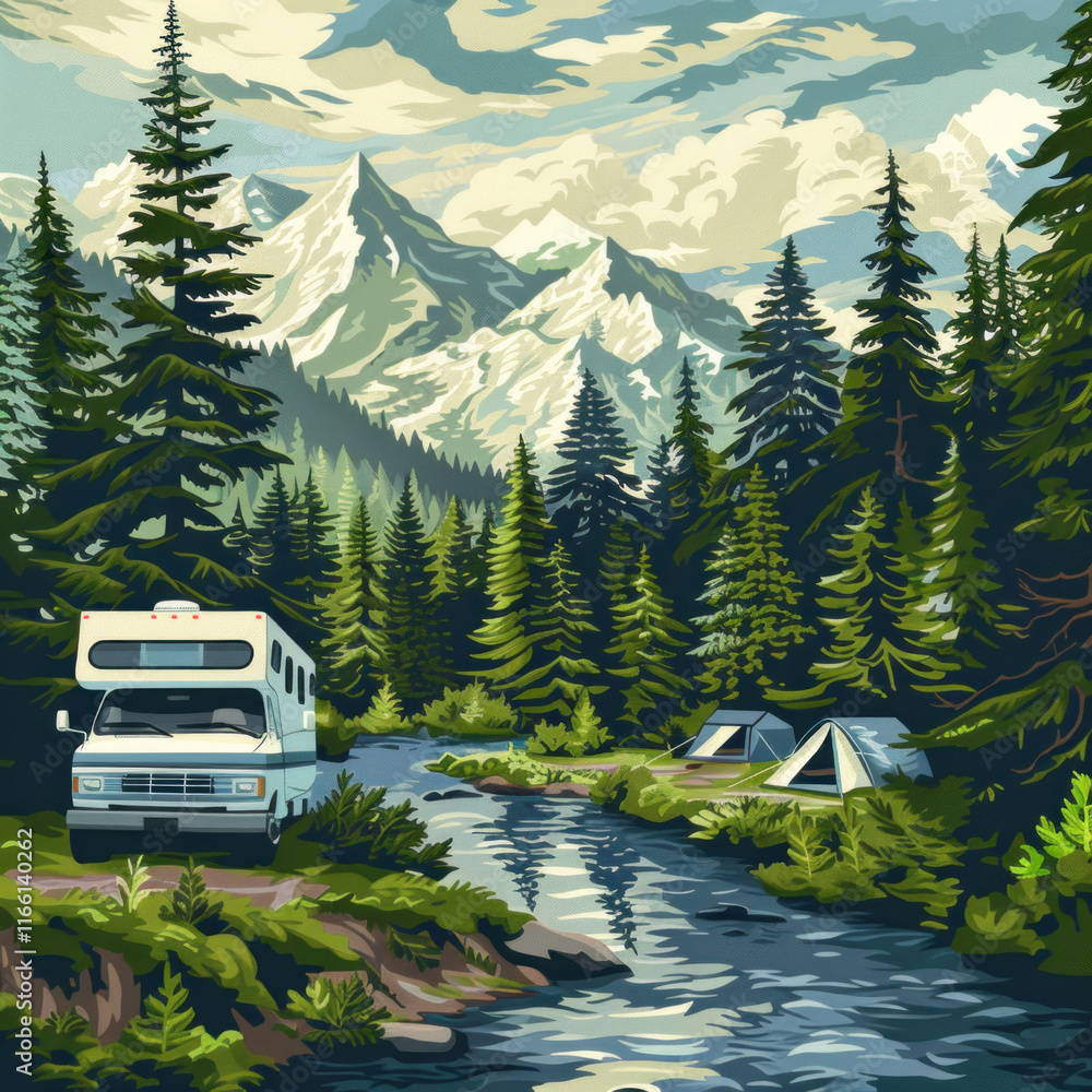 forest background with a river on one side, mountains in the background, a camper bus front and center (in a site), and campers in the background in campsites, forest background with a river on one side, mountains in the background, a camper bus front and center (in a site), and campers in the background in campsites,