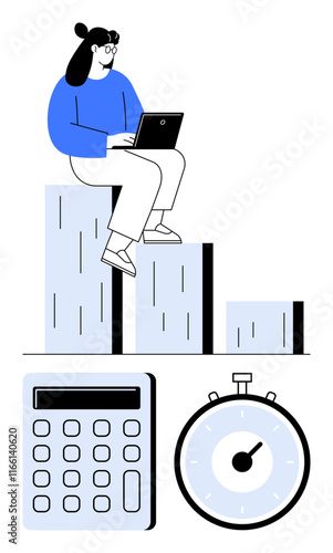 Woman using a laptop sitting atop bar graph calculator stopwatch. Ideal for business, growth, analytics, productivity, strategy, development, management. Line metaphor