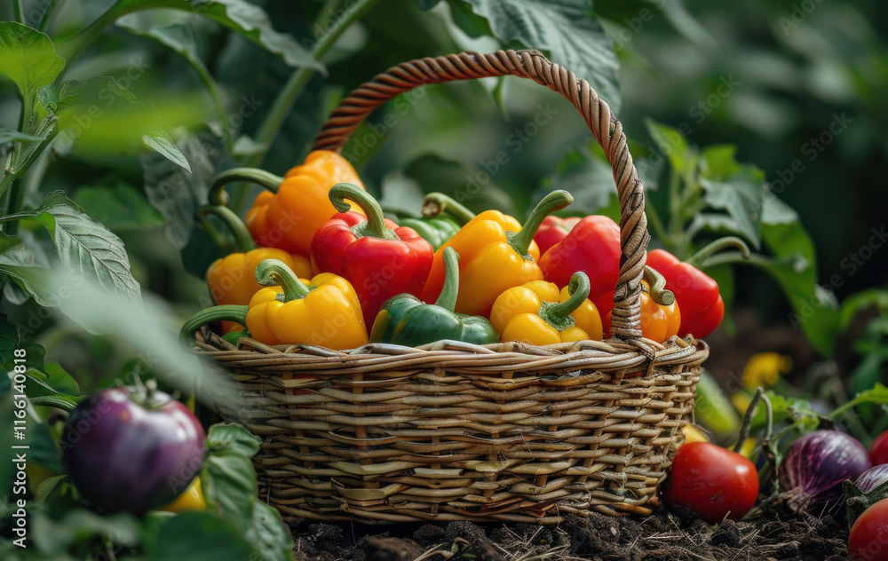 basket with fresh peppers against the background of a vegetable garden basket with fresh peppers against the background of a vegetable garden
