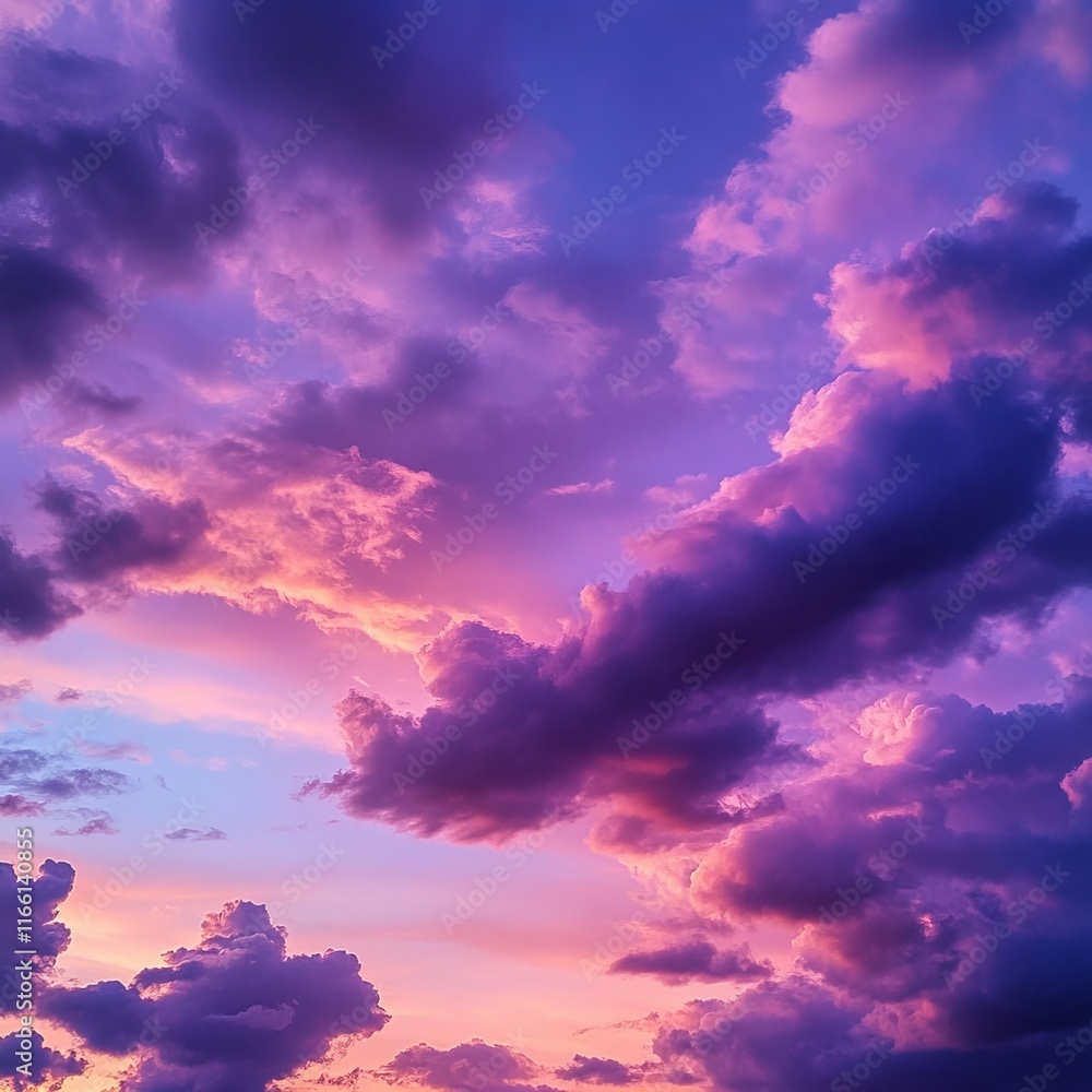 Fototapeta premium Vibrant Sunset Sky Painted With Purple, Pink, and Orange Hues Over a Serene Landscape at Dusk