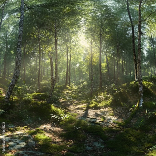 Morning Sunlight Filters Through a Lush Forest, Illuminating the Vibrant Green Foliage and Moss-Covered Ground