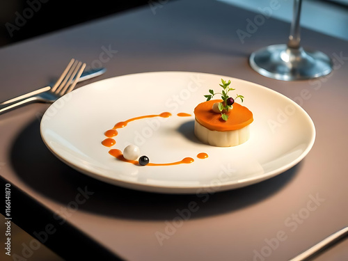 image of a white plate with food on a table with utencils  photo