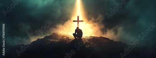 A man kneeling in front of a cross on top of a hill, with a bright light shining from behind him