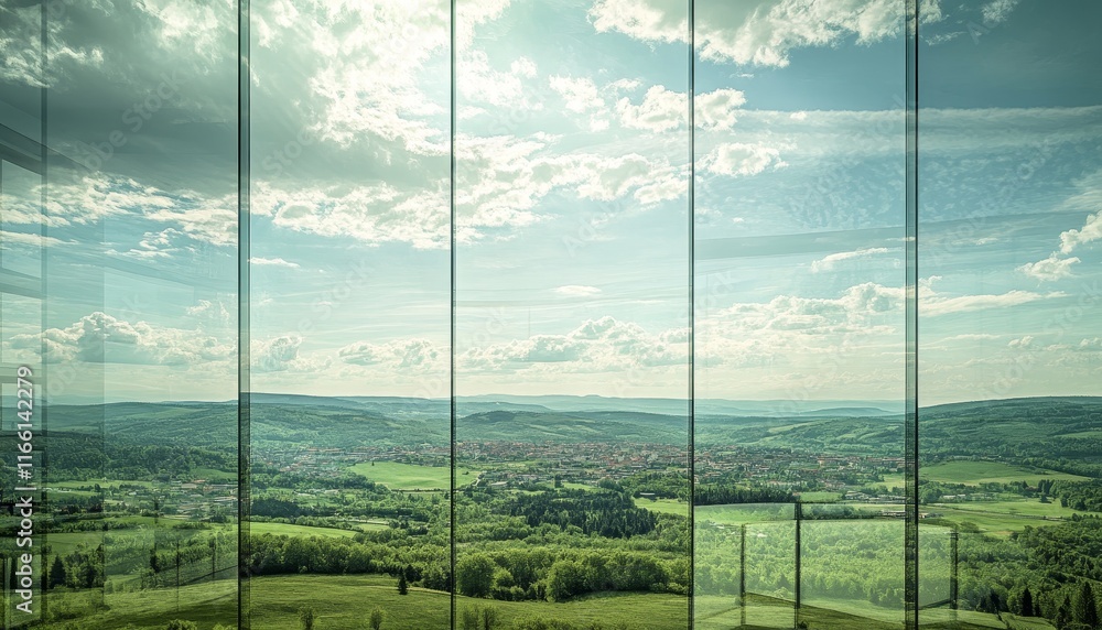 Naklejka premium Expansive Landscape View From a Modern Glass Structure Showcasing Lush Greenery and Dramatic Clouds in the Distance