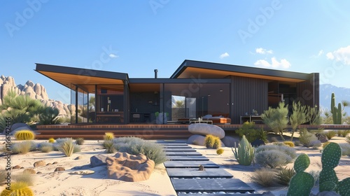 A modern modular home with dark wood siding, a flat roof, and solar panels, surrounded by an arid desert landscape with cacti and rocky formations photo