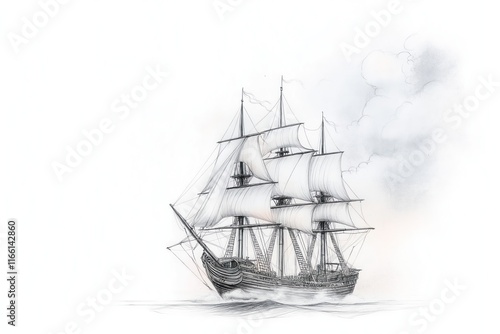 Wallpaper Mural Detailed pencil sketch shows sailing ship on open sea. Billowing clouds float in background. Ship sailing. Ocean waves visible. Classic nautical scene. Vintage style drawing. Artistic maritime Torontodigital.ca