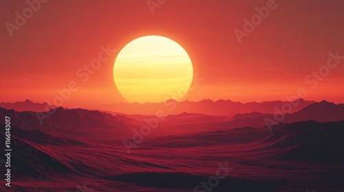Majestic Sunset Over a Vast Landscape With Mountains and an Orange Sun Glowing in the Evening Sky, Creating a Serene Atmosphere During Twilight Hours