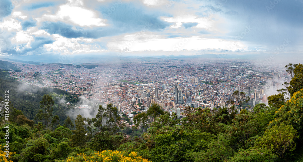 Behold the sprawling metropolis of Bogotá, nestled amidst the majestic Andes Mountains. This panoramic aerial view captures the city's vibrant energy, with its towering skyscrapers, lush green spaces, Behold the sprawling metropolis of Bogotá, nestled amidst the majestic Andes Mountains. This panoramic aerial view captures the city's vibrant energy, with its towering skyscrapers, lush green spaces,