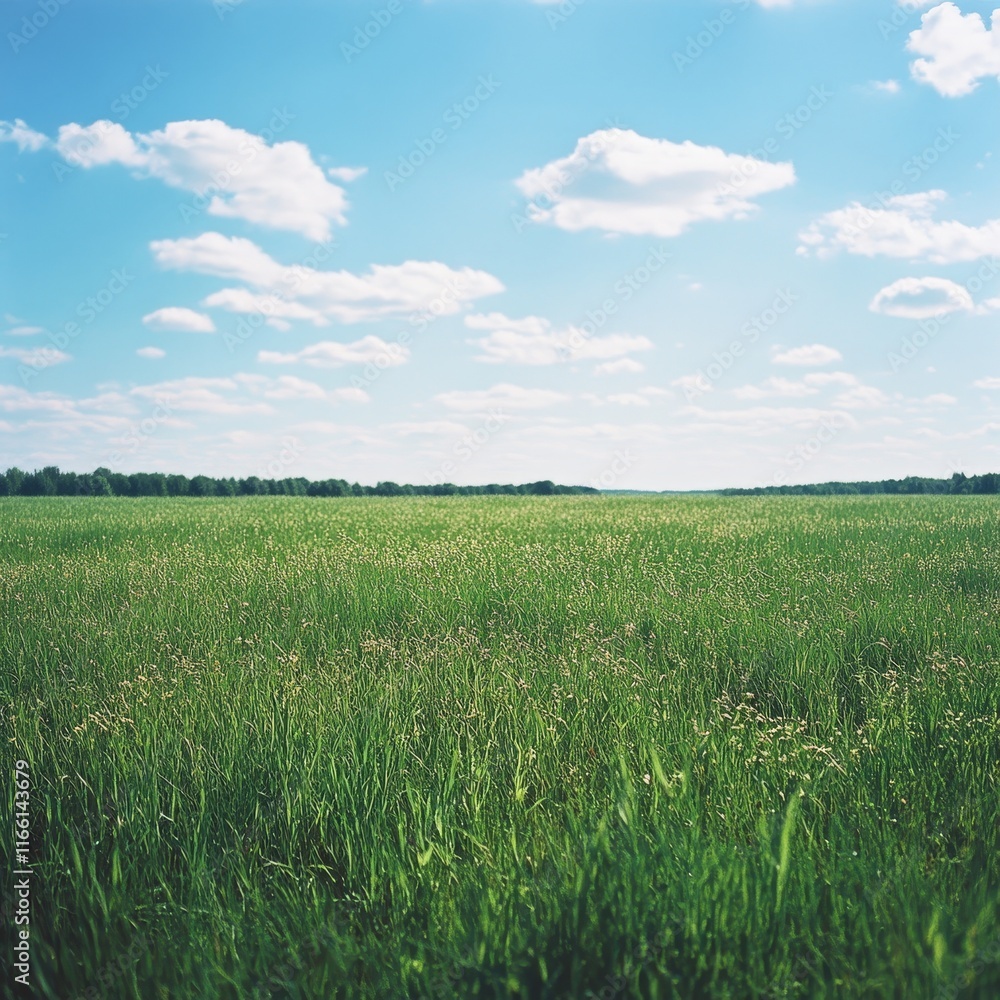 Obraz premium Expansive Green Grass Field Under Bright Blue Sky With Fluffy Clouds and a Distant Tree Line in Mid-Afternoon Sunlight