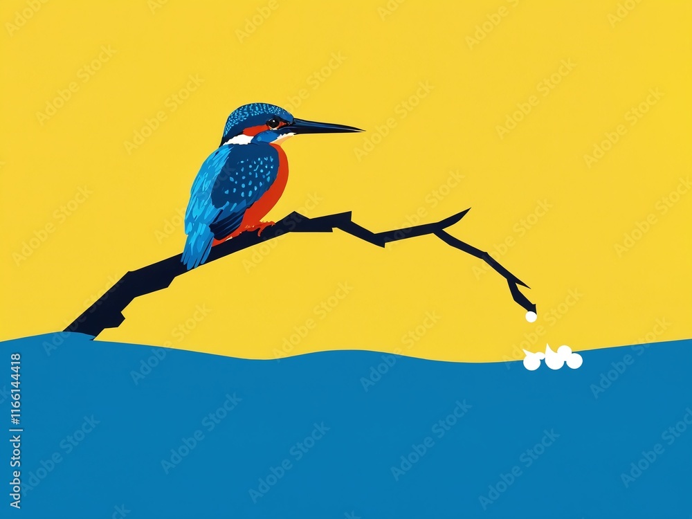 Obraz premium Colorful kingfisher perched on a branch overlooking the water during a bright sunny day