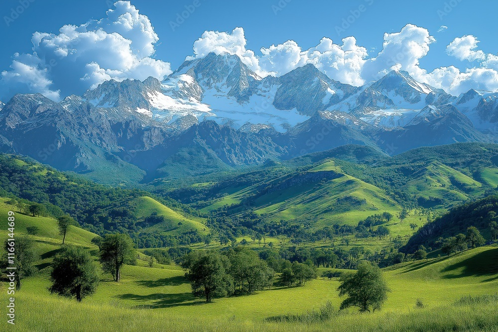 Fototapeta premium Picturesque landscape of green hills, valleys. Snowcapped mountains rise in background under clear blue sky dotted with fluffy clouds. Trees, vegetation thrive in valleys creating scenic view.