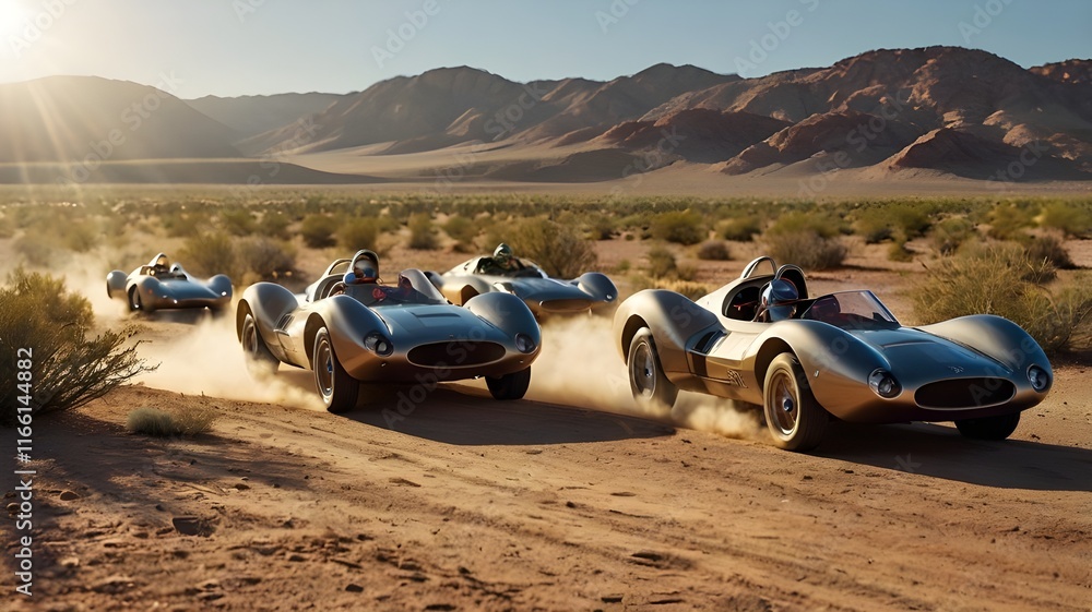 A dynamic shot of solar-powered cars racing through a sunlit desert course.