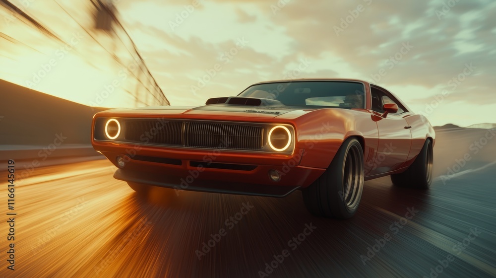 Naklejka premium Vintage Muscle Car Speeds Along an Empty Highway at Sunset Showcasing Dynamic Movement and Powerful Design