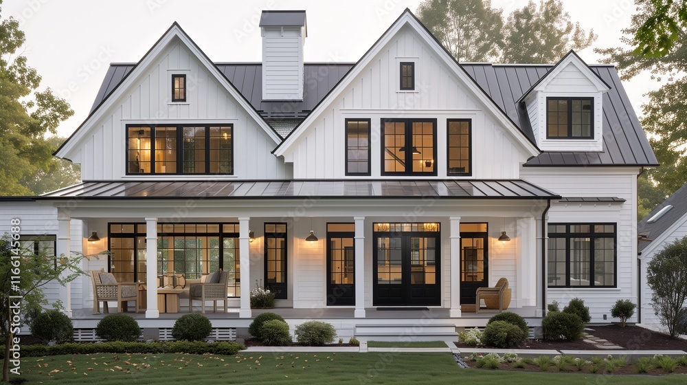An elegant house project with a modern farmhouse aesthetic, white clapboard siding, black-framed windows, and a charming front porch. An elegant house project with a modern farmhouse aesthetic, white clapboard siding, black-framed windows, and a charming front porch.