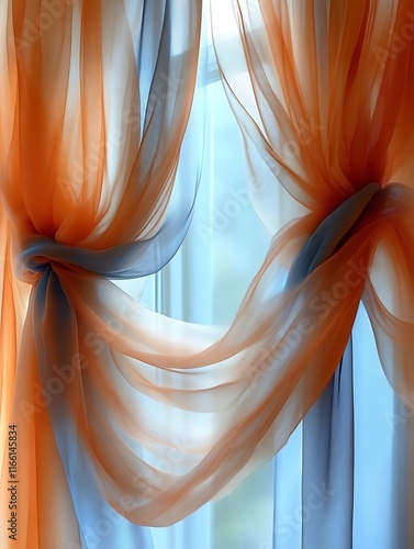 Sheer orange and blue curtains tied back at window. photo