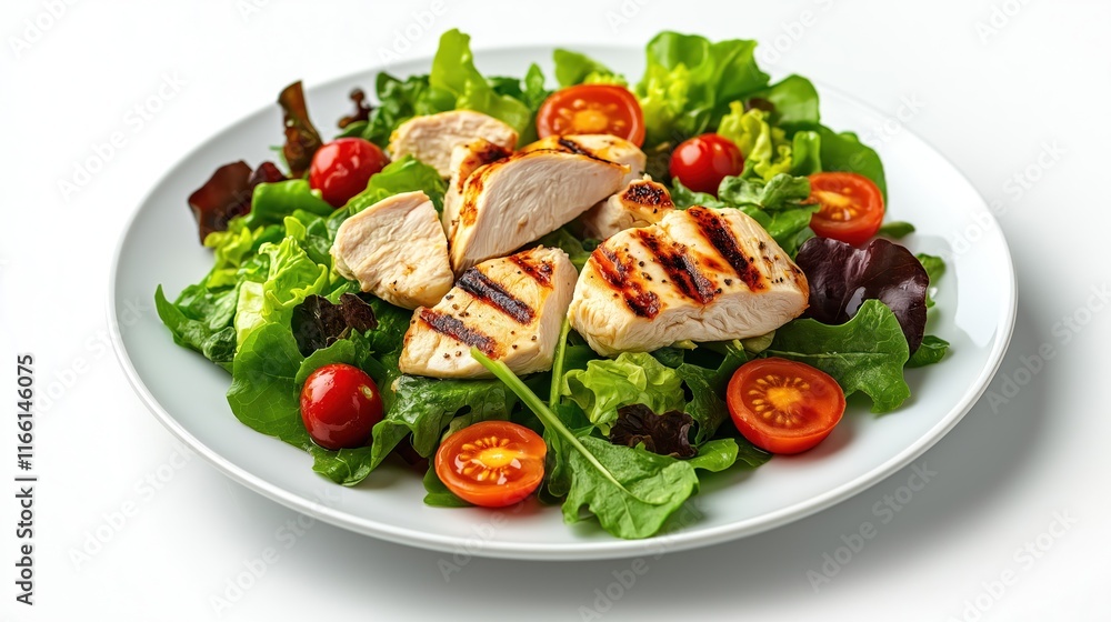 Grilled chicken salad with fresh greens, cherry tomatoes on plate. Healthy, delicious meal. Perfect for lunch dinner. Juicy grilled chicken pieces on top of fresh mixed greens, cherry tomatoes. Grilled chicken salad with fresh greens, cherry tomatoes on plate. Healthy, delicious meal. Perfect for lunch dinner. Juicy grilled chicken pieces on top of fresh mixed greens, cherry tomatoes.