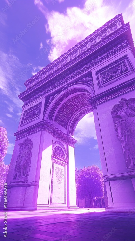 Fototapeta premium Purple-toned Arc de Triomphe under a vibrant sky.