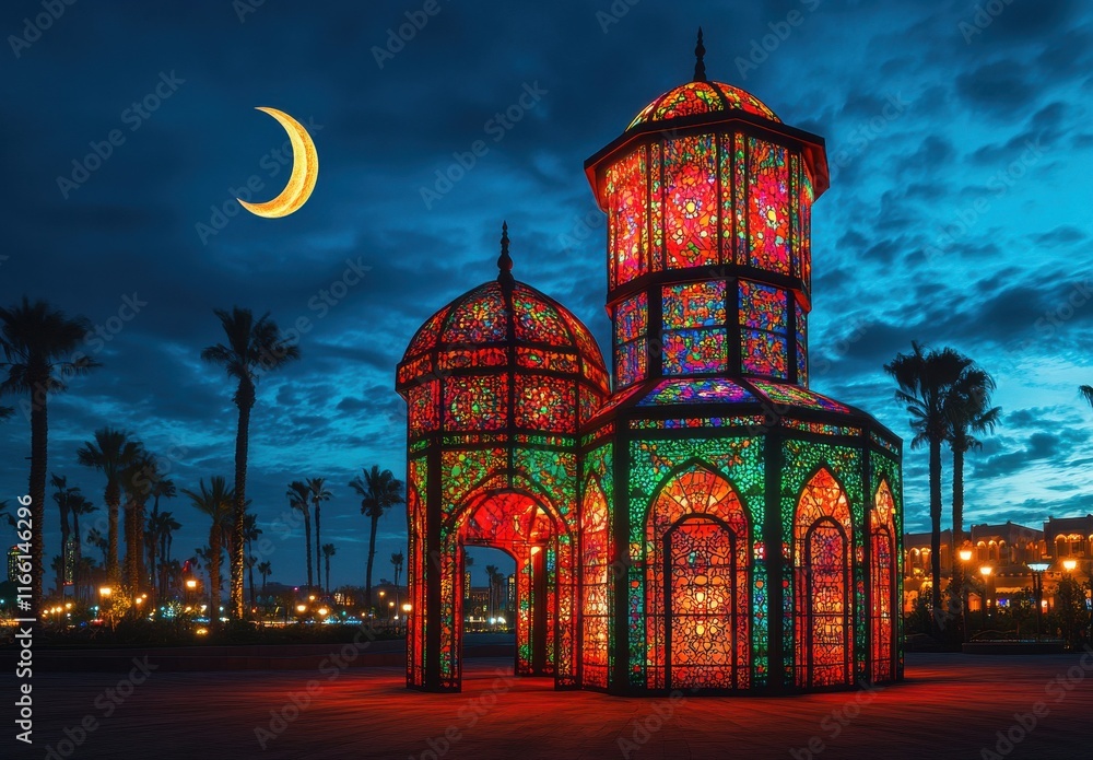 Obraz premium Colorful illuminated pavilion against a twilight sky with crescent moon in a vibrant landscape, showcasing intricate patterns and reflections in Morocco-inspired architecture
